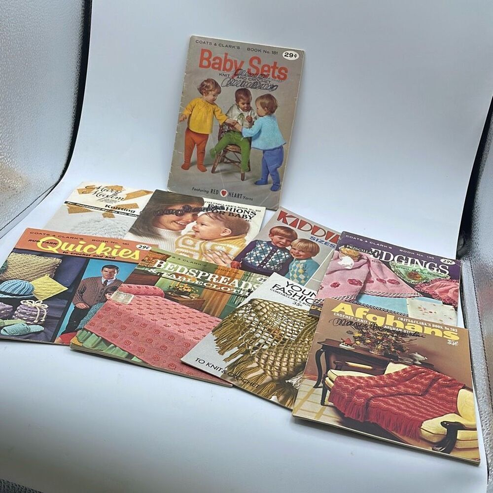 Lot of 9 Knitting crocheting patterns kids bedding edgings baby ponchos more